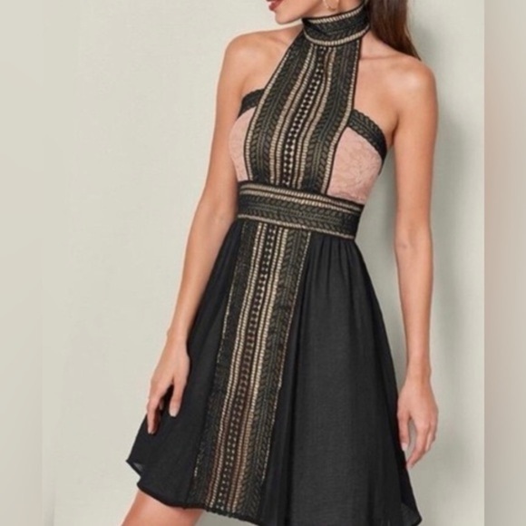Venus Womens A Line Dress Black Mauve Color Block Halter Neck Lace Trim size S - Picture 9 of 10